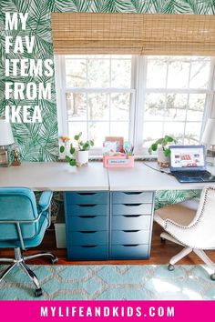 a desk and chair in front of a window with the words my fav items from ikea on it