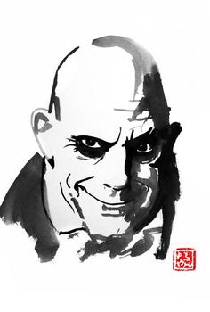 an ink drawing of a man's face in black and white with red chinese calligraphy