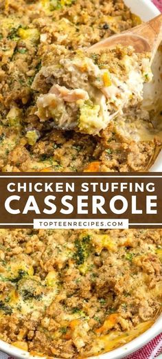 chicken stuffing casserole in a white dish with a wooden spoon on the side