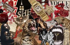 a collage of fashion and beauty items including a leopard, lipstick, perfume bottle, woman's face with mouth open