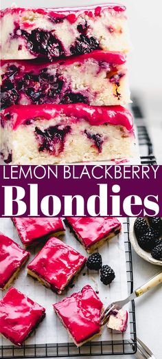 lemon blackberry blondies on a cooling rack with berries