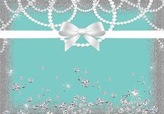 a blue background with pearls and a white bow on it's side, surrounded by sparkles