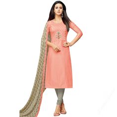 Gorgeously mesmerizing is what you will look at the next social function by wearing this salmon pink chanderi silk churidar suit which surely deserves a special place in your wardrobe. This round neck and 3/4th sleeve kurti embellished in patch work. Accompanied by a matching cotton churidar in light grey color with off white nazneen dupatta. Churidar is plain. Dupatta accentuated with lace and print work. This churidar suit can be customized up to the maximum size available in inches 58. Silk Dress Material, Baby Pink Top, Silk Churidar, Women Silk Dress, Light Grey Color, Beautiful Color Combinations