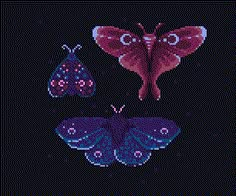 the cross stitch butterfly pattern is shown in purple and blue colors, with two smaller moths on