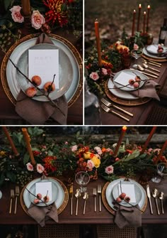 the table is set with plates, silverware and napkins for an elegant dinner