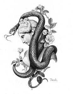 a pencil drawing of a woman with a snake on her shoulder and roses in her hair