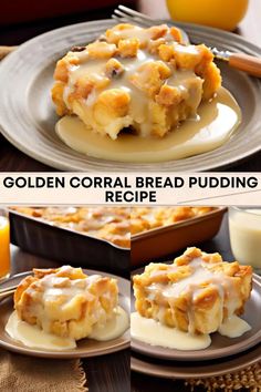 the golden coral bread pudding recipe is ready to be eaten with oranges in the background