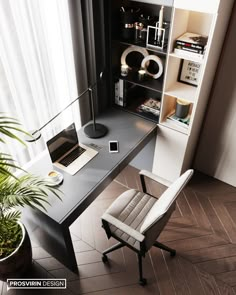 an office desk with a laptop computer on it next to a potted plant and bookshelf