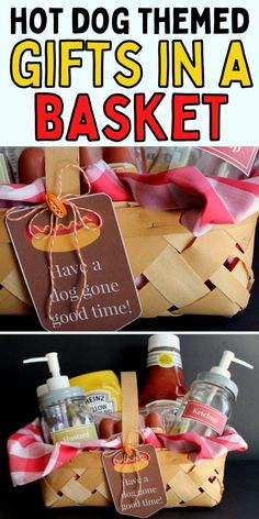 a basket filled with gift items and the words hot dog themed gifts in a basket