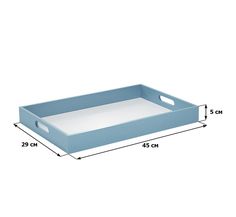 a blue tray with measurements for the bottom