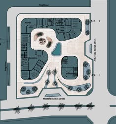 an aerial view of the ground plan for a building with several parking spaces and trees