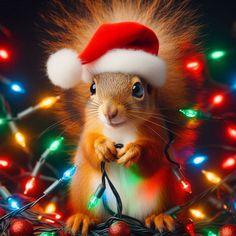 a squirrel wearing a santa hat surrounded by christmas lights