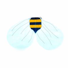 a blue and yellow kite flying in the sky with two wings on it's back