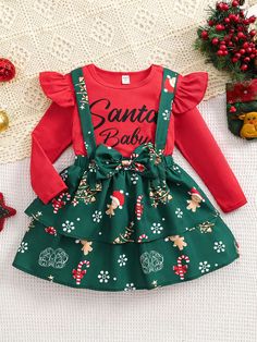 Infant/Young Girl Plaid & Christmas Gingerbread/Snowflake Print Long Sleeve Romper & Skirt 2pcs Set, Spring & Fall Multicolor   Long Sleeve Polyester,Woven Fabric Christmas,Floral,Geometric,Letter  Slight Stretch  Young Girls Clothing, size features are:Bust: ,Length: ,Sleeve Length: Brown Romper, 1st Thanksgiving, Outfits Skirt, Newborn Baby Girl Outfit, Thanksgiving Outfits, Christmas Clothing, Childrens Christmas, Cute Rompers, Thanksgiving Outfit