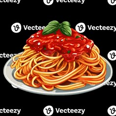 a plate of spaghetti with sauce and basil leaves on top, ready to be eaten