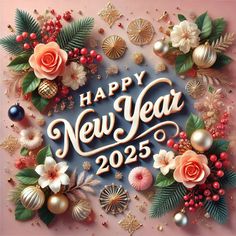 a happy new year greeting card with flowers and ornaments on pink background, surrounded by other holiday decorations