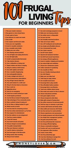 the 101 frugal living tips for beginners is shown in an orange and black poster