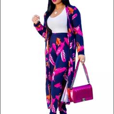 Colorful Nice Pants And Jacket Two Piece Outfits Pants Classy, Two Piece Outfits Pants, Mode Kimono, Two Piece Outfits, Patchwork Cardigan, Plus Size Two Piece, Two Piece Pants Set, Long Trousers, Printed Cardigan