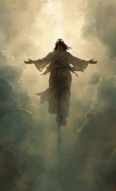 a person floating in the air with their arms outstretched and hands out, surrounded by clouds