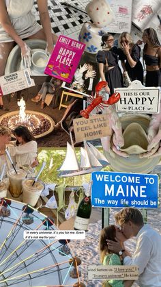 a collage of photos with people and signs in the background that say welcome to maine, the way life is should be