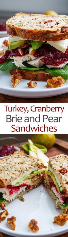 turkey cranberry brie and pear sandwich with apples in the background on a white plate