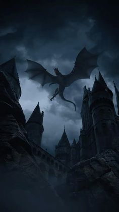 a dragon flying over a castle at night