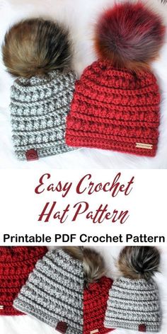 two crocheted hats with pom - poms on top and the text easy crochet hat pattern