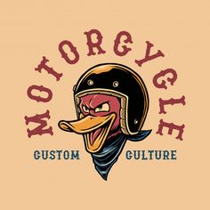 an image of a duck wearing a motorcycle helmet with the words morgan custom culture on it