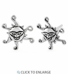 Sterling Silver Sun Smile Face Stud Earrings Smile Face, Rhodium Plated