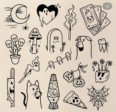 a collection of halloween doodles drawn by hand in black and white ink on paper