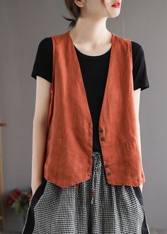 Plus Size Orange V Neck Pockets Linen Vest Tops SleevelessFabric: Cotton 45%, Linen 55%Size & Fit: Fit: This garment fits true to size.Length: Size M measures 22.23"from shoulder to hemBust: Great for any cup size. Waist: Loose Fit. Comfortable room throughout midsection.Hip: Loose Fit - room for hips. Hand Wash Cold. Linen Vests For Women, Summer Vest Outfits For Women, Vest Linen, Sleeveless Vest Jacket, Loose Vest, Linen Vest, Vest Cardigan, Lightweight Vest, Vest Tops