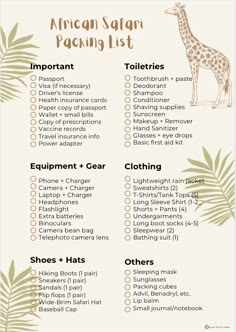 an african safari packing list with palm leaves and giraffes in the background