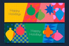 two horizontal banners with christmas ornaments and stars on the top one has happy holidays written in bold colors