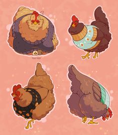 four different types of chickens on a pink background