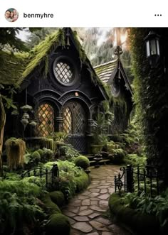 an image of a house in the woods with moss growing on it's roof