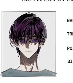 an anime character with purple hair and blue eyes is looking at the camera, which says genius