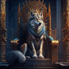 a wolf sitting on top of a golden throne