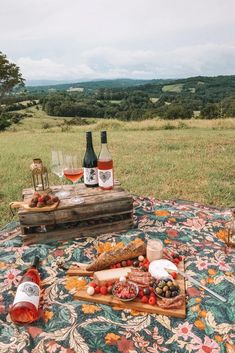 two bottles of wine and cheese on a picnic blanket