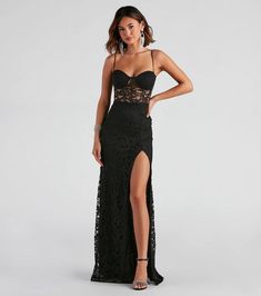 Sparkly glitter adds a glam factor to the Vicky formal dress perfect for your next dressy evening! She features a sleeveless, sweetheart neck, bungee spaghetti straps, and a built-in padded bust atop a sheer lace bodice with flexible boning for a structured fit. Corset Dress Black, Lace Corset Dress, Glitter Prom Dresses, Sequin Prom Dresses, Black Prom Dress, Black Prom, Long Midi Dress, Green Prom Dress, Glitter Dress