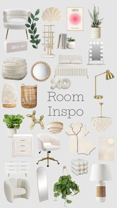 the room inspo poster is shown with various items in white and gold, including chairs,