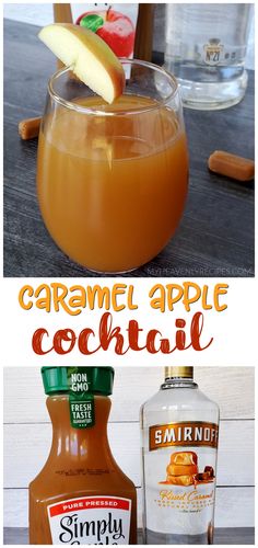 caramel apple cocktail in a glass with an apple slice on top