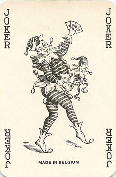 a playing card with an image of a clown holding a fan in one hand and two children on the other