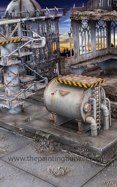 an industrial scene with large metal tanks in the foreground