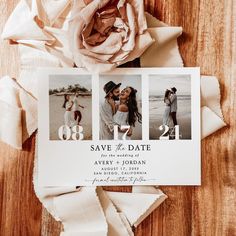 a photo save the date card on top of a piece of paper next to a flower