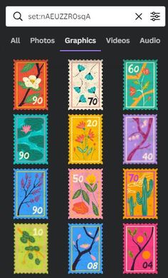 stamps with flowers and plants on them, all printed in different colors to match the theme