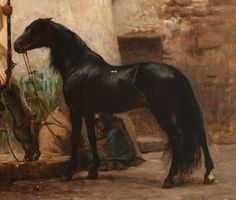 a painting of a black horse standing next to a man