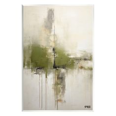 an abstract painting with white, green and grey colors on the wall in front of a white background