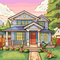 a cartoon house with a dog laying in the front yard next to it and trees