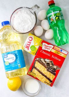 ingredients for cake sitting on top of a table