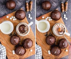 two pictures of chocolates and marshmallows on a cutting board